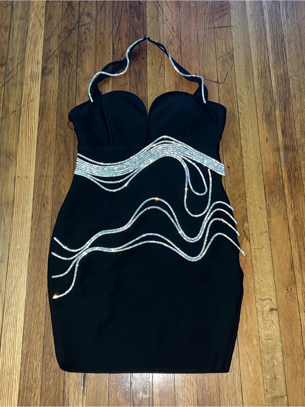 Fashion Nova Black Halter Midi Dress with Silver Crystal Wave Accents